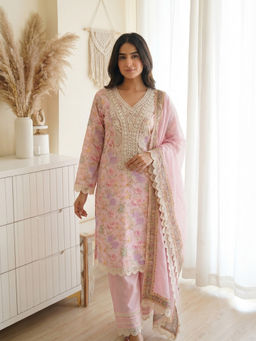 DEVRI - Women Parijat Pure Cotton Printed Pink Kurta with Pant and Dupatta