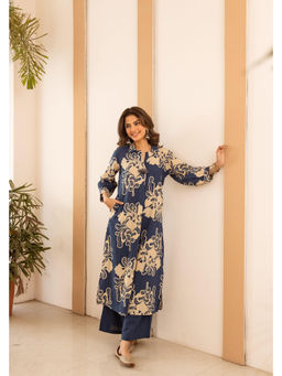 DEVRI - Women Neelambari Cotton Printed Blue Kurta with Pant