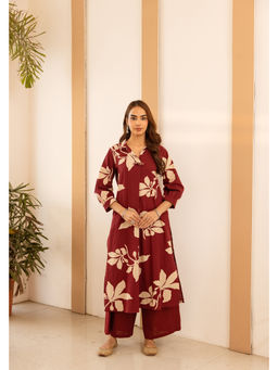 DEVRI - Women Vasanti German Rayon Printed Maroon Kurta with Pant