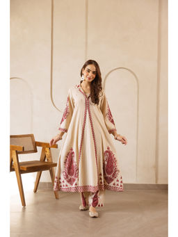 DEVRI - Women Meher Cotton Slub Printed Beige Anarkali Kurta with Pant