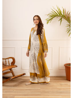 DEVRI - Women Gulnaar German Rayon Printed Mustard Kurta with Pant