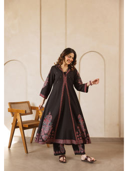 DEVRI - Women Mehr Cotton Slub Printed Black Anarkali Kurta with Pant