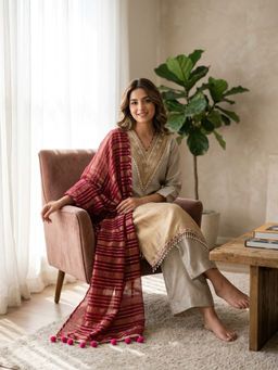 DEVRI - Women Tissue Silk Embroidered Ivory Kurta with Pant and Dupatta