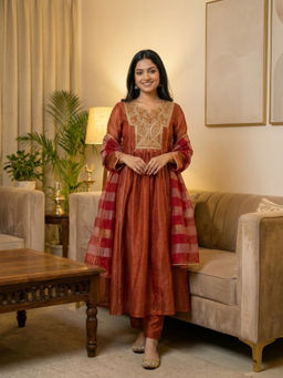 DEVRI - Women Zarmina Tissue Silk Embroidered Rust Anarkali Kurta with Pant and Dupatta