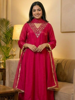 DEVRI - Women Pink Gulnaar Crepe Embroidered Pink Kurta with Pant and Dupatta