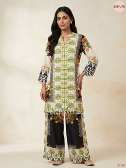 DEVRI - Women Vanya Crepe Printed Ivory Kurta with Pant