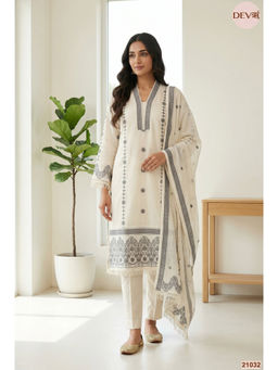 DEVRI - Women Zareen Cotton Embroidered Off-White Kurta with Pant and Dupatta
