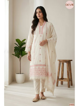 DEVRI - Women Gulnaar Cotton Embroidered Off-White Kurta with Pant and Dupatta