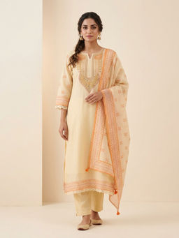 DEVRI - Women Cream Vasanti Cotton Embroidered Cream Kurta with Pant and Dupatta