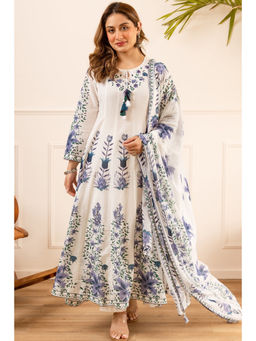 DEVRI - Women Gulnaar Crepe Printed White Anarkali Kurta with Pant and Dupatta