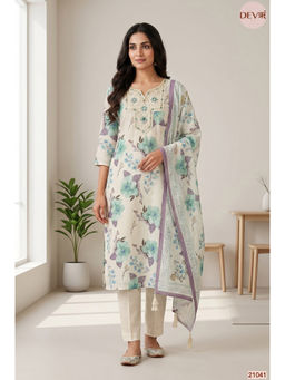 DEVRI - Women Pure Cotton Embroidered Off-White Kurta with Pant and Dupatta