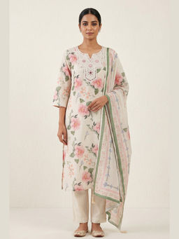 DEVRI - Women Pure Cotton Printed Off White Kurta with Pant and Dupatta