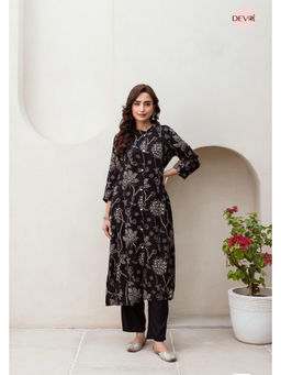 DEVRI - Women Black German Rayon Printed Ready Made Kurta with Pant