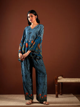 DEVRI - Women Teal Bloom Crepe Co-Ord