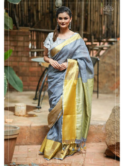 Shobitam - Gray Wide Border Linen Saree with Unstitched Blouse