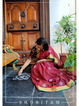 Shobitam - Terracotta Maroon Kolam Linen Embroidery Saree with Unstitched Blouse