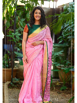 Shobitam - Carnation Pink Cutwork Mirrorwork Jaali Pallu Saree with Unstitched Blouse