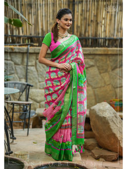 Shobitam - Pichwai Digital Print Silk Linen Saree with Unstitched Blouse