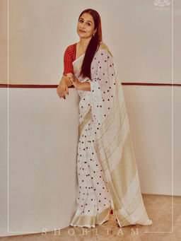 Shobitam - White Loving Hearts Embroidered Pure Linen Saree with Unstitched Blouse