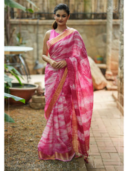 Shobitam - Amaranth Pink Shibori Dye Pure Linen Saree with Unstitched Blouse
