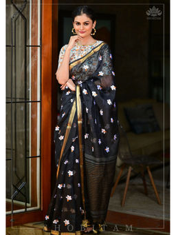 Shobitam - Black Parijaat Embroidery Silk Linen Saree with Unstitched Blouse