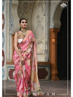 Shobitam - Pink Floral Digital Print Pure Linen Saree with Unstitched Blouse