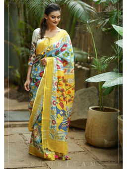 Shobitam - Blue Kalamkari Digital Print Linen Saree with Unstitched Blouse