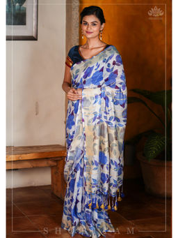 Shobitam - Blue Watercolour Digital Print Linen Saree with Unstitched Blouse