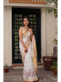 Shobitam - White Rangoli Embroidered Border Pure Linen Saree with Unstitched Blouse