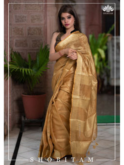 Shobitam - Gold Tissue Linen Saree with Unstitched Blouse