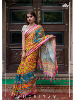 Shobitam - Yellow Pichwai Digital Print Linen Saree with Unstitched Blouse