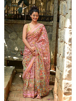 Shobitam - Rose Peach Kalamkari Digital Print Silk Linen Saree with Unstitched Blouse