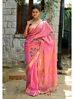 Shobitam - Pink Gold Tissue Beadwork Embroidery Linen Saree with Unstitched Blouse