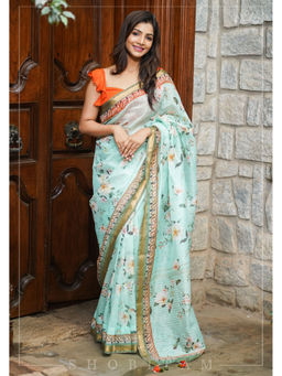 Shobitam - Aqua Floral Digital Print Silk Linen Saree with Unstitched Blouse