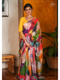 Shobitam - Multicolour Abstract Print Linen Zari Border Saree with Unstitched Blouse