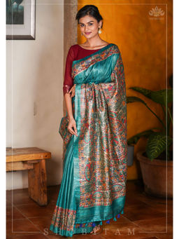 Shobitam - Teal Madhubani Hand Painted Pure Tussar Silk Saree with Unstitched Blouse