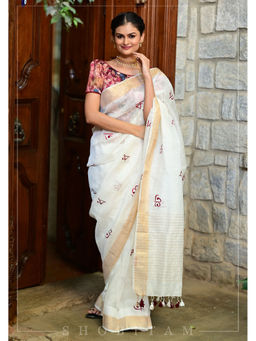 Shobitam - Bangla Alphabets Embroidered Silk Linen Saree with Unstitched Blouse