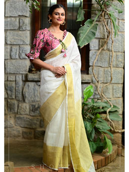 Shobitam - Off White Muted Wide Border Linen Saree with Unstitched Blouse with Unstitched