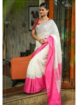 Shobitam - White Wide Border Pure Linen Saree with Unstitched Blouse with Unstitched