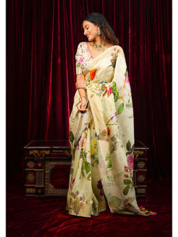 Shobitam - Cream Floral Print Silk Linen Saree with Unstitched Blouse