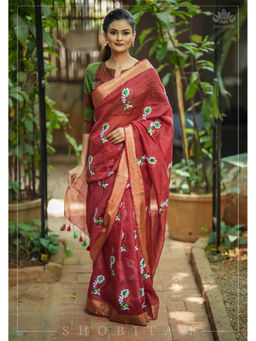 Shobitam - Brick Red Moti Nath Embroidery Silk Linen Saree with Unstitched Blouse