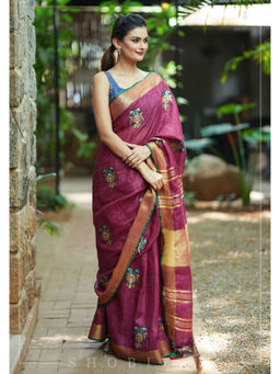 Shobitam - Maroon Twin Parrots Embroidered Motif Linen Saree with Unstitched Blouse