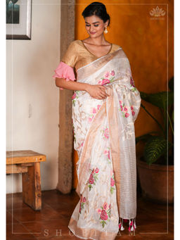 Shobitam - White Roses Embroidery Silk Linen Zari Border Saree with Unstitched Blouse