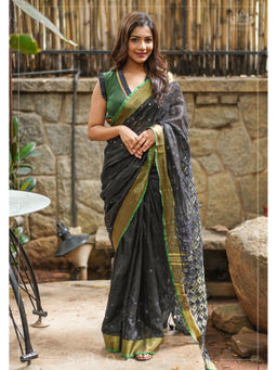 Shobitam - Black Border Cutwork Linen Saree with Unstitched Blouse
