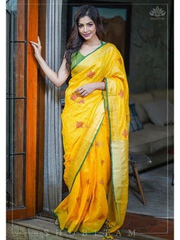 Shobitam - Yellow Rangoli Embroidered Border Pure Linen Saree with Unstitched Blouse