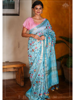 Shobitam - Blue Floral Jaal Embroidery Silk Linen Saree with Unstitched Blouse
