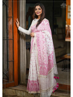 Shobitam - White Twin Parrot Sanganeri Silk Linen Saree with Unstitched Blouse