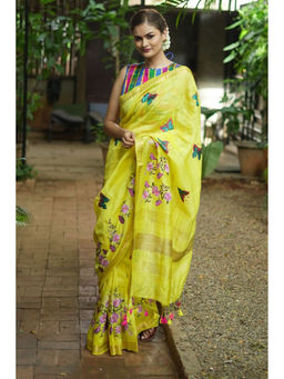 Shobitam - Sunshine Yellow Floral Embroidered Silk Linen Saree with Unstitched Blouse