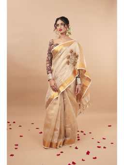 Shobitam - Tan Tissue Beadwork Embroidery Linen Saree with Unstitched Blouse