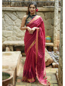 Shobitam - Deep Red Cutwork Mirrorwork Chudi Design Linen Saree with Unstitched Blouse